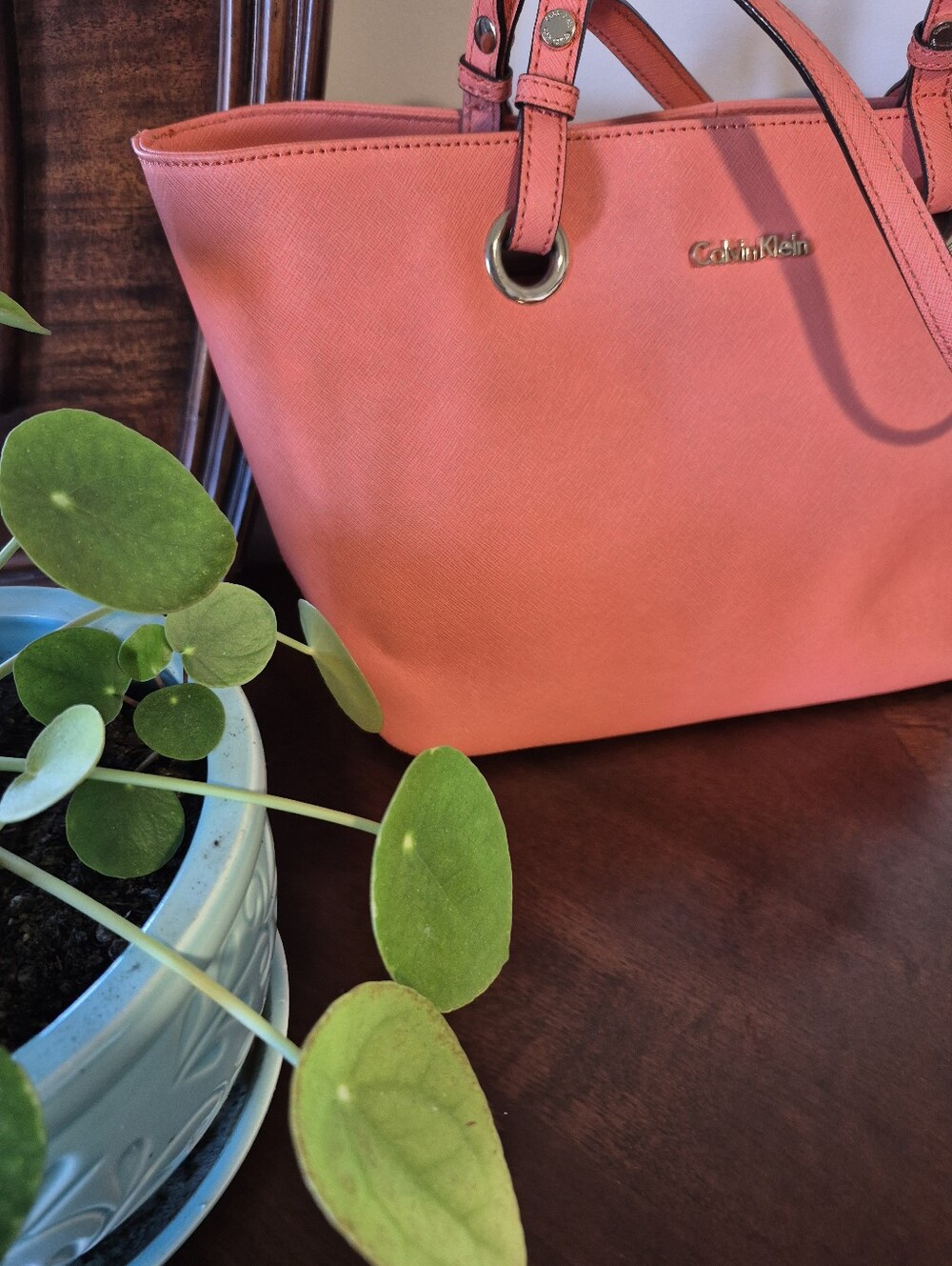 Calvin Klein Coral-Peach Saffiano Tote - Picture 3 of 4